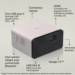 EF-21G, Mini projecteur laser, 1 000 lumens, Affichage jusqu’à 150 pouces, Google TV™ et haut-parleur Bluetooth, Portable