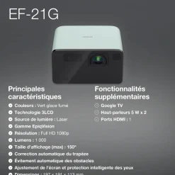 EF-21G, Mini projecteur laser, 1 000 lumens, Affichage jusqu’à 150 pouces, Google TV™ et haut-parleur Bluetooth, Portable