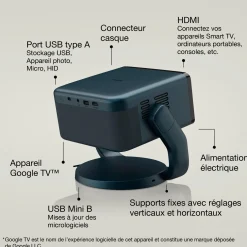 EF-22N, Mini projecteur laser, 1 000 lumens, Affichage jusqu’à 150 pouces, Google TV™ et haut-parleur Bluetooth, Portable