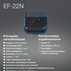 EF-22N, Mini projecteur laser, 1 000 lumens, Affichage jusqu’à 150 pouces, Google TV™ et haut-parleur Bluetooth, Portable