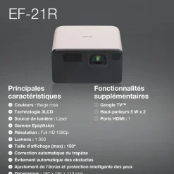 EF-21R, Mini projecteur laser, 1 000 lumens, Affichage jusqu’à 150 pouces, Google TV™ et haut-parleur Bluetooth, Portable