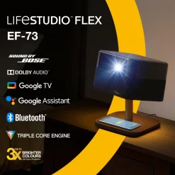 Epson Lifestudio Flex Édition spéciale luxe — EF-73 Noir profond, Projecteur intelligent portable, Sound by Bose, Google TV, 4K Pro UHD, Chargement sans fil, Usage intérieur/extérieur, Garantie 5 ans*