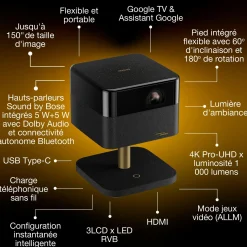 Epson Lifestudio Flex Édition spéciale luxe — EF-73 Noir profond, Projecteur intelligent portable, Sound by Bose, Google TV, 4K Pro UHD, Chargement sans fil, Usage intérieur/extérieur, Garantie 5 ans*