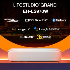 Epson Lifestudio Grand Plus EH-LS970W, Blanc diamant, projecteur laser intelligent à ultracourte focale, résolution home cinéma 4K réelle, Sound by Bose, Google TV
