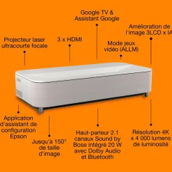 Epson Lifestudio Grand Plus EH-LS970W, Blanc diamant, projecteur laser intelligent à ultracourte focale, résolution home cinéma 4K réelle, Sound by Bose, Google TV