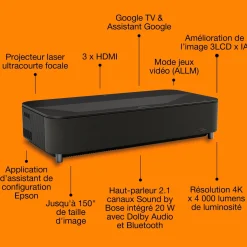 Epson Lifestudio Grand Plus EH-LS970B, noir métallique, projecteur laser intelligent à ultracourte focale, résolution home cinéma 4K, Sound by Bose, Google TV