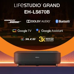 Epson Lifestudio Grand EH-LS670B Noir métallisé, Projecteur laser intelligent à ultracourte focale, 4K PRO UHD, Sound by Bose, Google TV, taille d’image jusqu’à 120 pouces (305 cm), garantie de cinq ans*