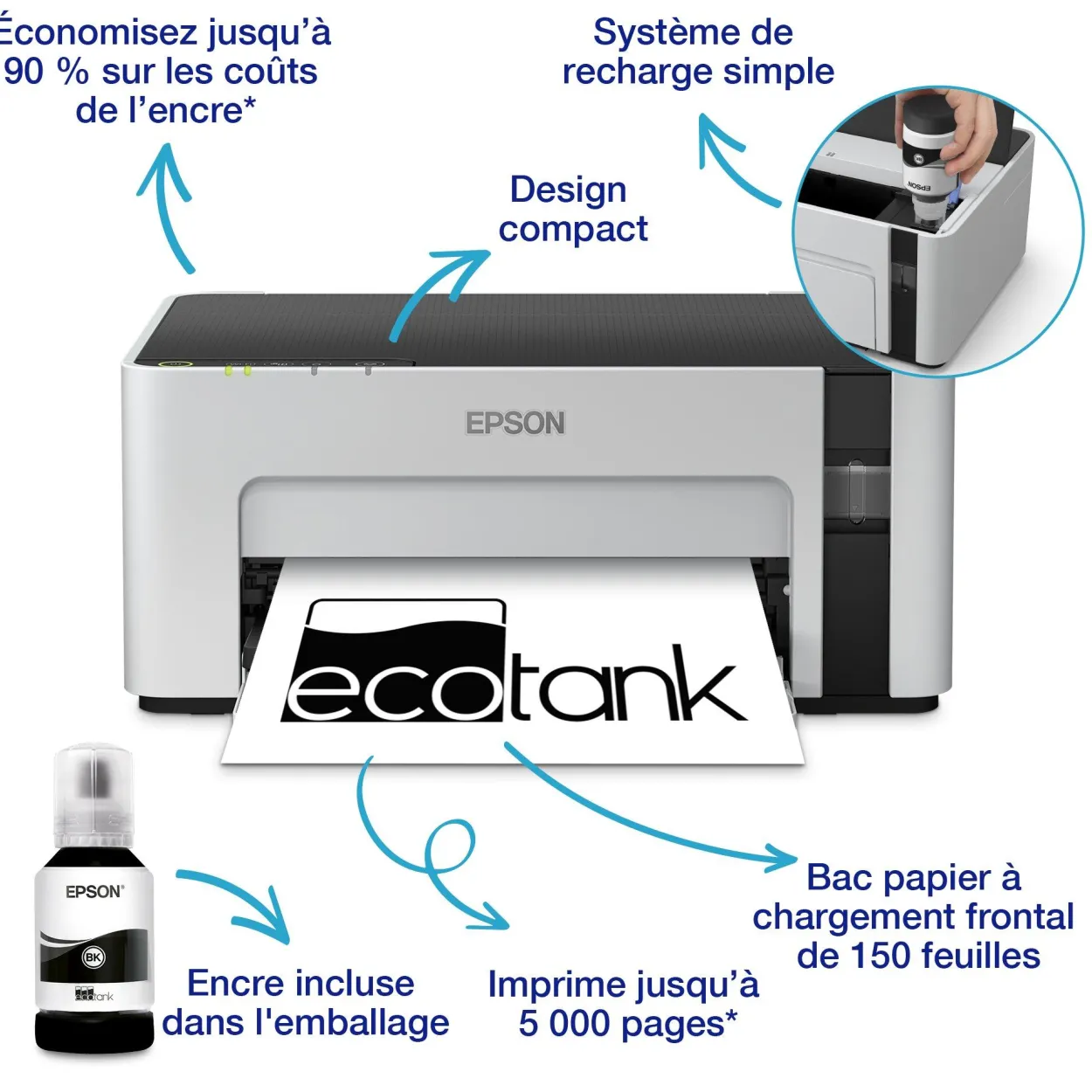 Imprimante monochrome A4 EcoTank ET-M1120 avec réservoir d’encre et Wi-Fi