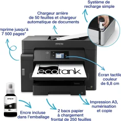 Imprimante multifonction A3 EcoTank monochrome ET-M16600 avec Wi-Fi, réservoir d’encre, scanner et copie