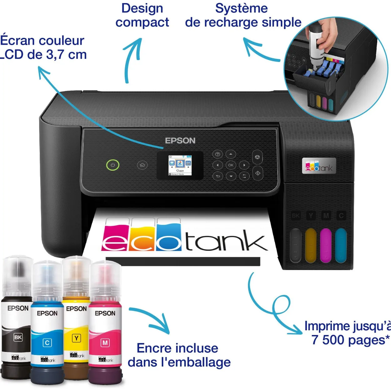 Imprimante multifonction A4 Wi-Fi EcoTank ET-2871 équipée de réservoirs d’encre, avec jusqu’à 3 ans d’encre inclus