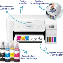 Imprimante multifonction A4 Wi-Fi EcoTank ET-2876 équipée de réservoirs d’encre, avec jusqu’à 3 ans d’encre inclus
