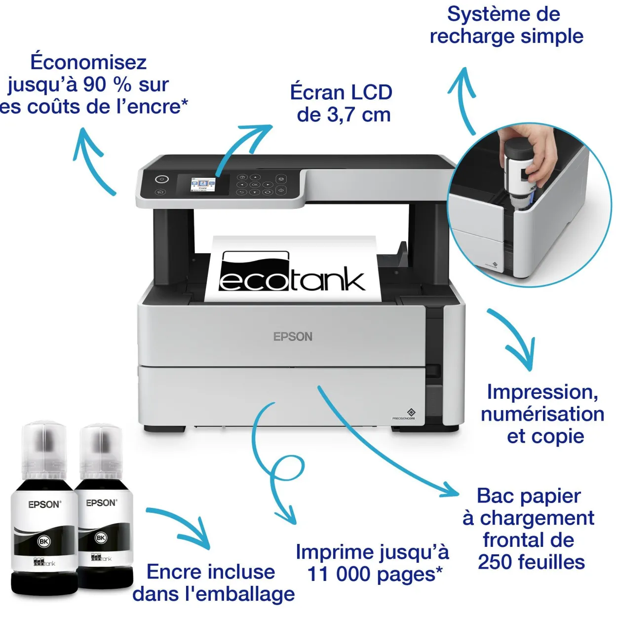 Imprimante multifonction monochrome A4 EcoTank ET-M2170 avec réservoir d’encre et Wi-Fi