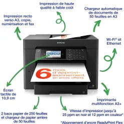 Imprimante multifonction Jet d’Encre A3+ WorkForce WF-7840DTWF et 3 mois d’approvisionnement en encre offerts avec l’abonnement ReadyPrint*