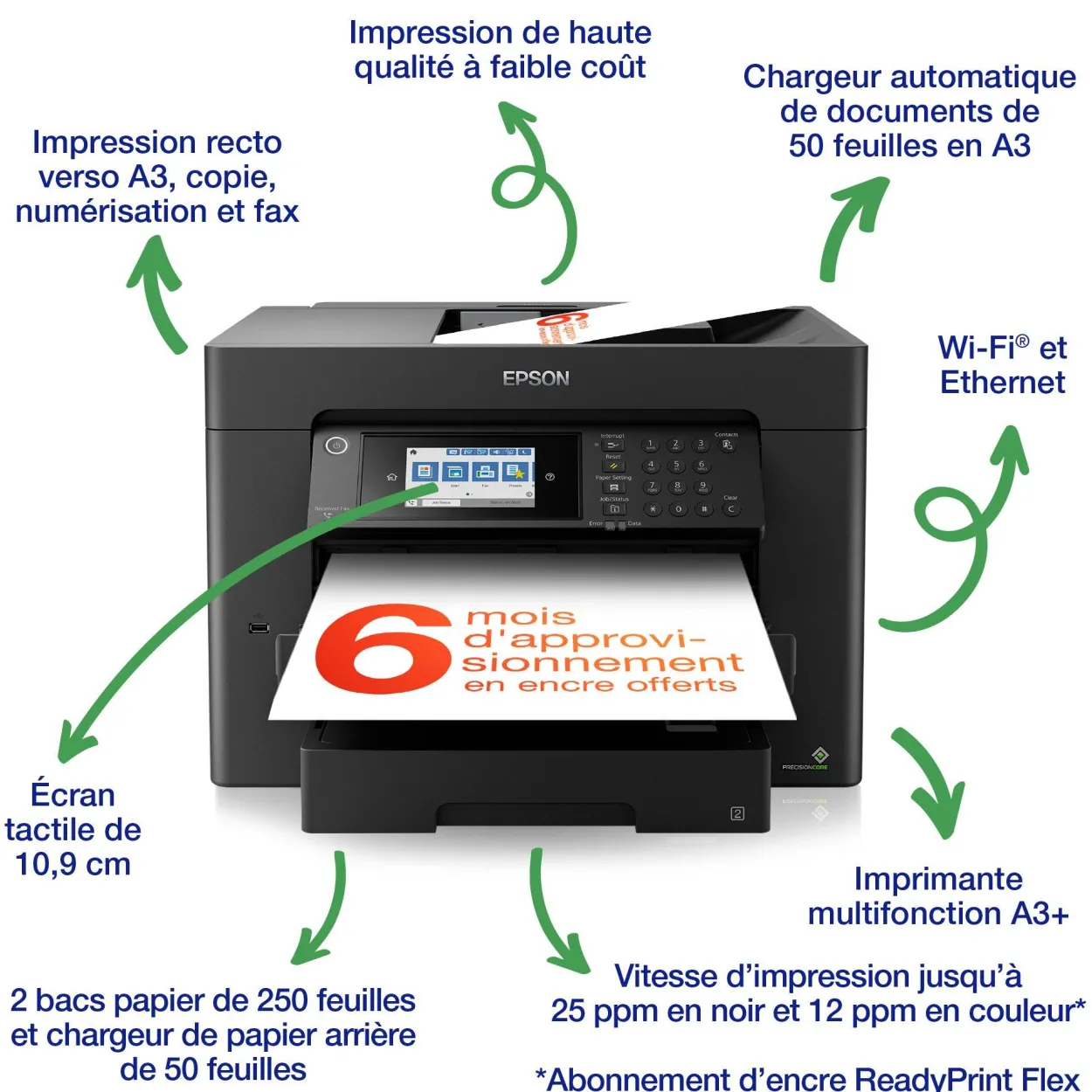 Imprimante multifonction Jet d’Encre A3+ WorkForce WF-7840DTWF et 3 mois d’approvisionnement en encre offerts avec l’abonnement ReadyPrint*