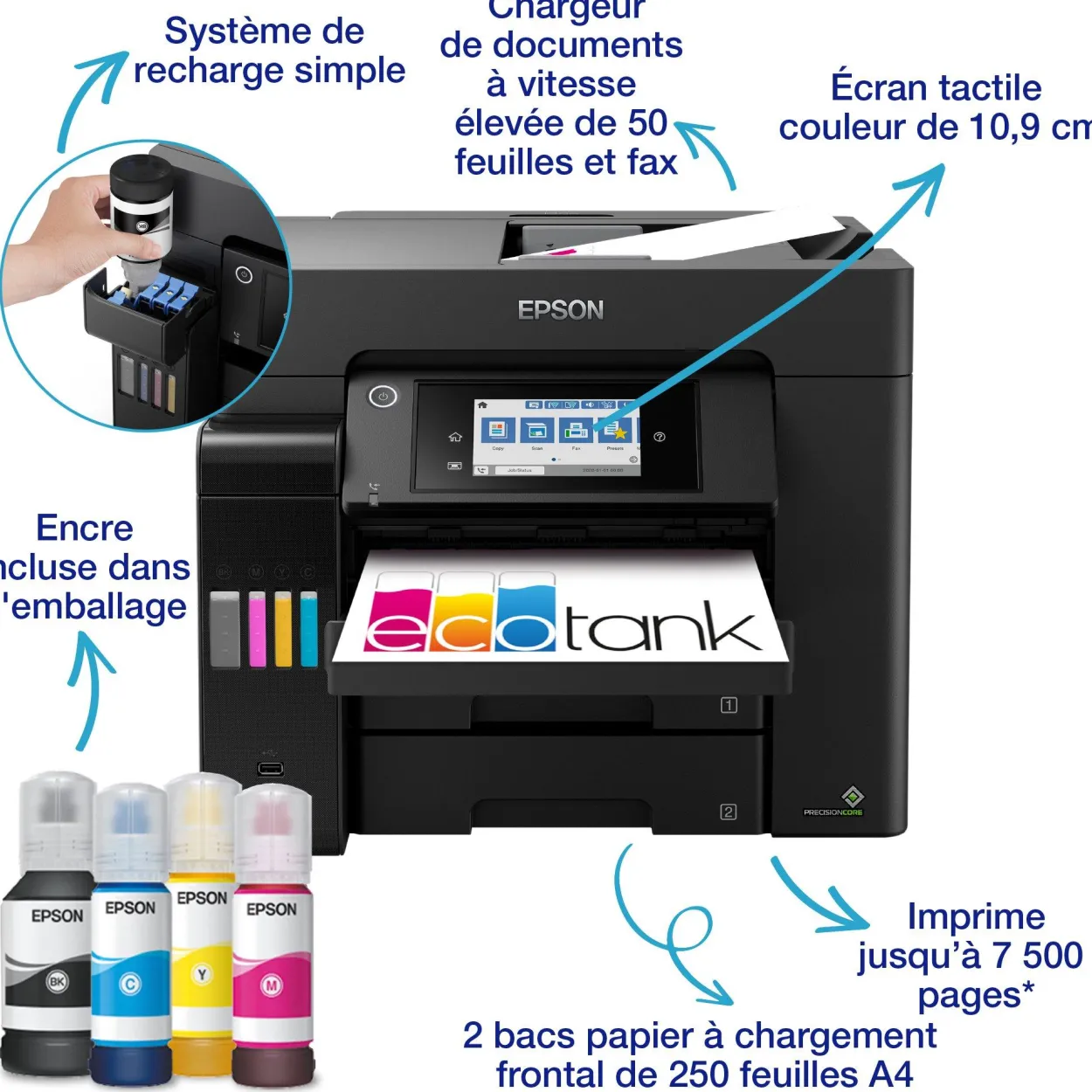 Imprimante multifonction A4 EcoTank ET-5850 avec Wi-Fi, réservoirs d’encre et fax