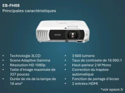Projecteur à lampe Full HD EB-FH08, 2 ports HDMI, 3 600 lumens, grande taille d’image jusqu’à 337 pouces (8,56 m)