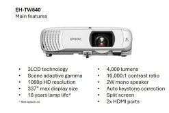 Projecteur à lampe Full HD EH-TW840, 2 ports HDMI, 4 000 lumens, grande taille d’image jusqu’à 337 pouces (8,56 m)