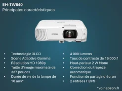 Projecteur à lampe Full HD EH-TW840, 2 ports HDMI, 4 000 lumens, grande taille d’image jusqu’à 337 pouces (8,56 m)