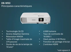 Projecteur à lampe WXGA EB-W53, 2 ports HDMI, 4 000 lumens, grande taille d’image jusqu’à 375 pouces (9,52 m)