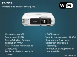 Projecteur à lampe WXGA EB-W55, Wi-Fi intégré, 2 ports HDMI, 4 000 lumens, grande taille d’image jusqu’à 320 pouces (8,13 m)