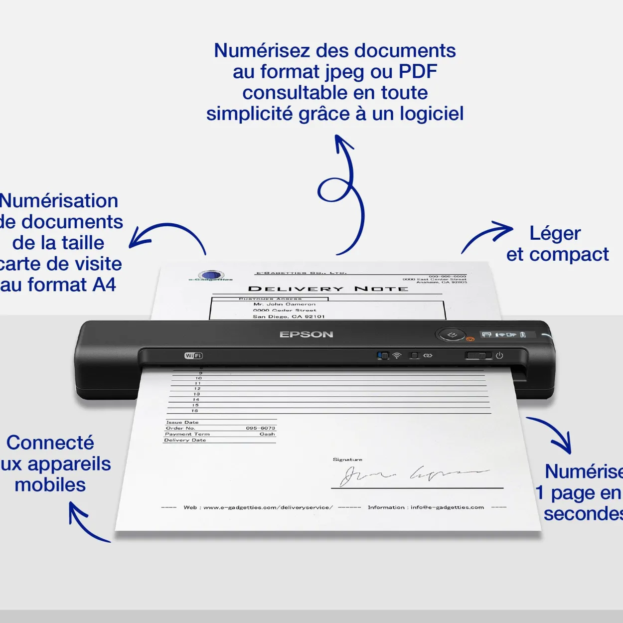 Scanner mobile A4 rapide WorkForce ES-60W avec connexion Wi-Fi, technologie Epson ScanSmart et écran LCD