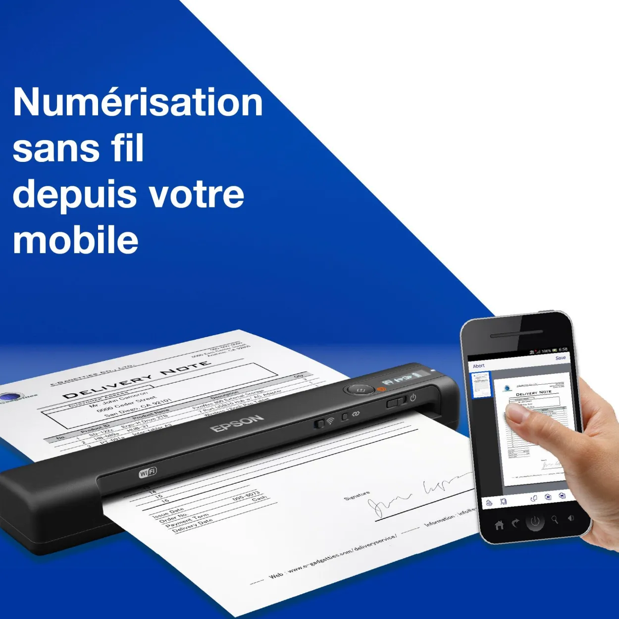 Scanner mobile A4 rapide WorkForce ES-60W avec connexion Wi-Fi, technologie Epson ScanSmart et écran LCD