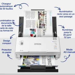 Scanner professionnel A4 compact WorkForce DS-410 avec chargeur automatique de documents de 50 feuilles et logiciel Epson Document Capture Pro