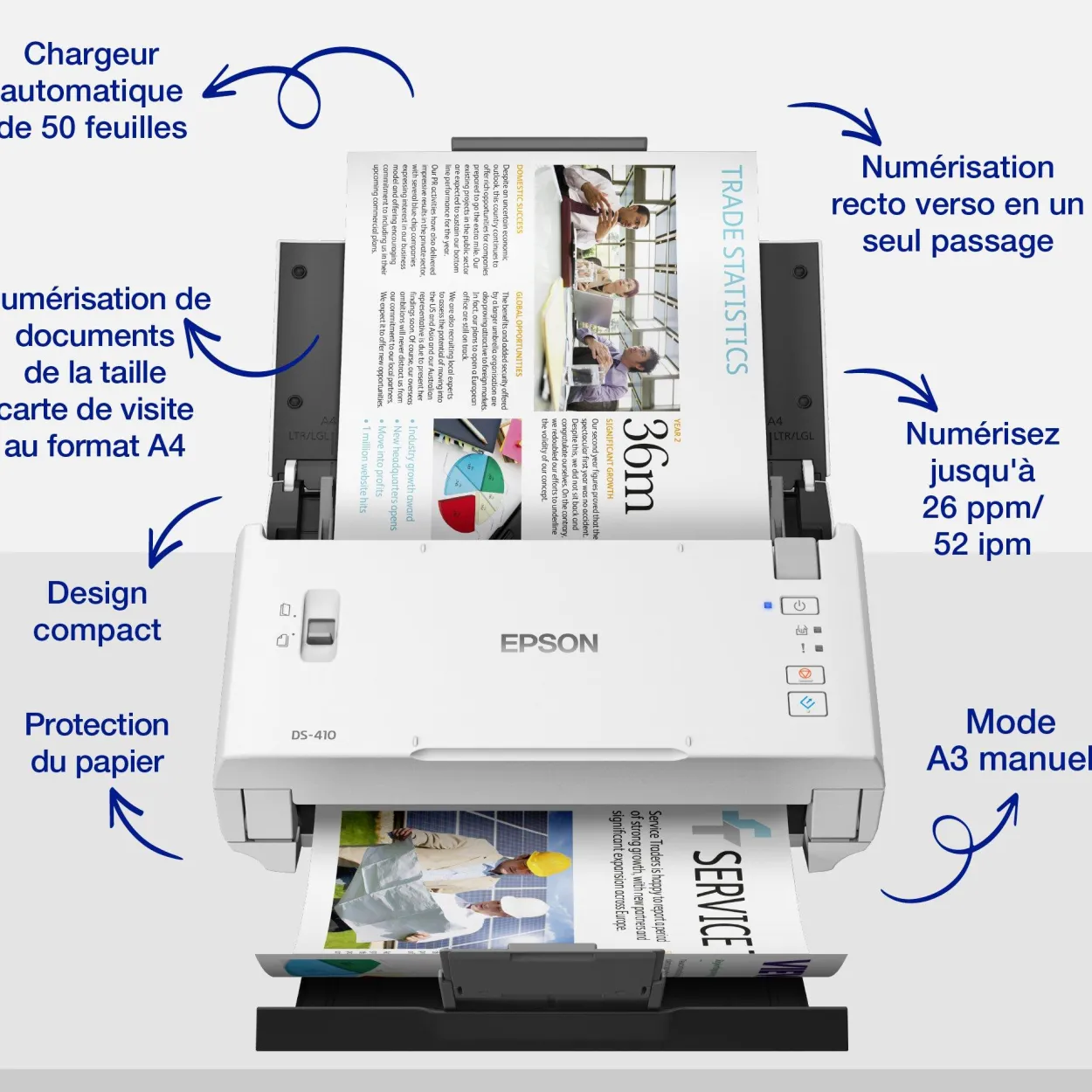 Scanner professionnel A4 compact WorkForce DS-410 avec chargeur automatique de documents de 50 feuilles et logiciel Epson Document Capture Pro