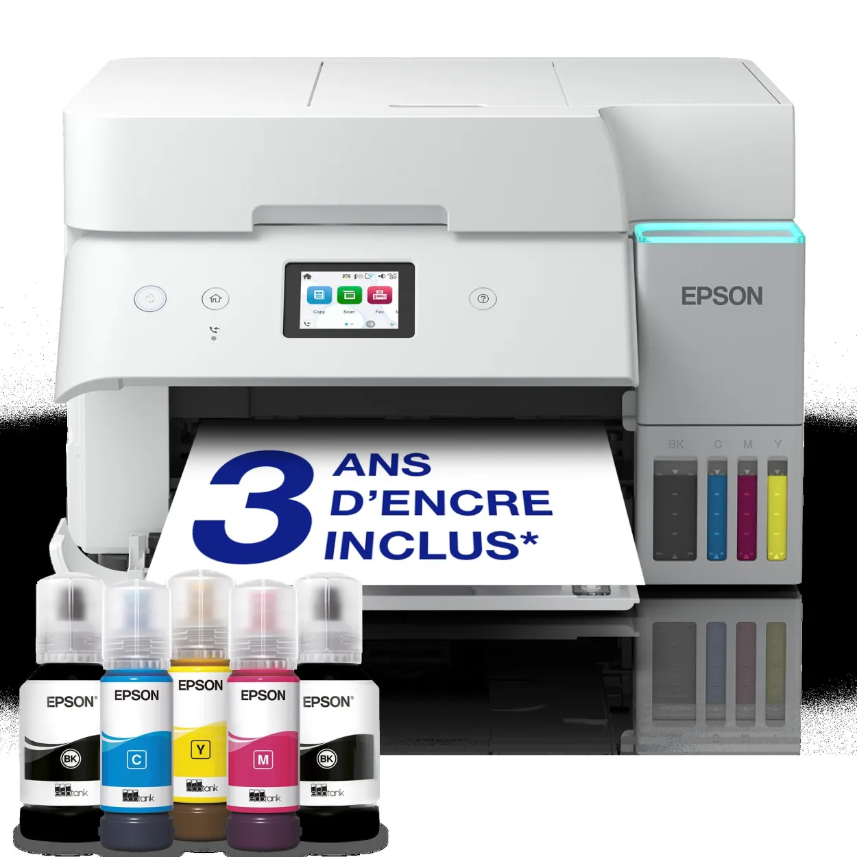 Solution d’impression A4 blanche EcoTank ET-4956 équipée d’une connexion Wi-Fi et de réservoirs d’encre, avec jusqu’à 3 ans d’encre inclus