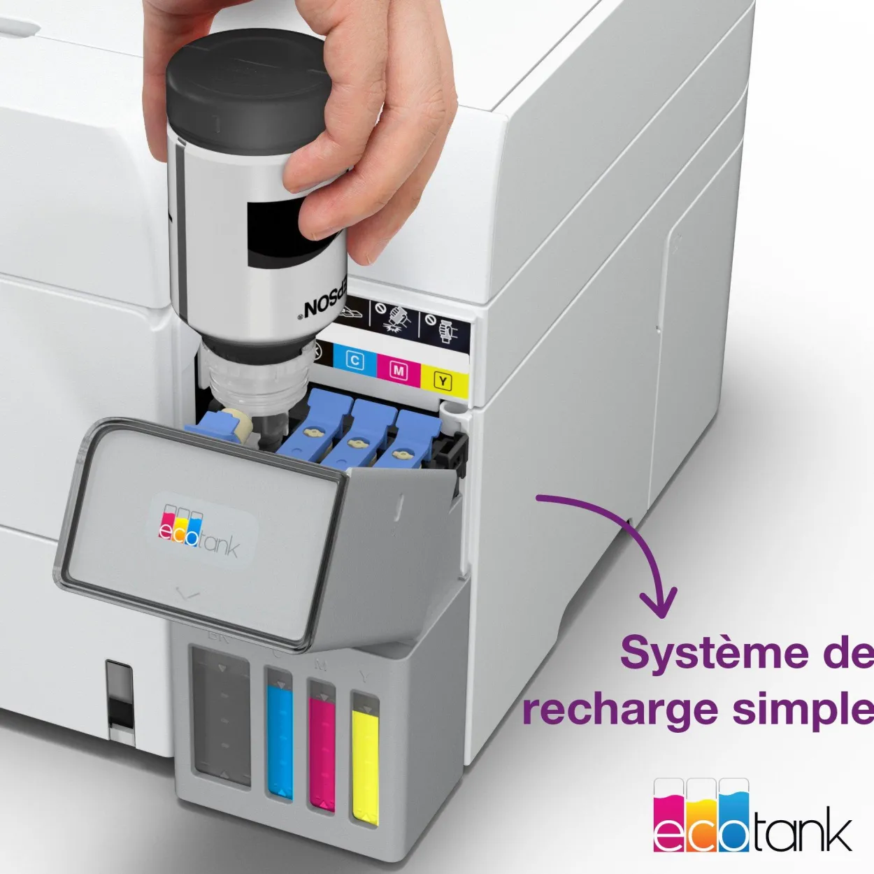 Solution d’impression A4 blanche EcoTank ET-4956 équipée d’une connexion Wi-Fi et de réservoirs d’encre, avec jusqu’à 3 ans d’encre inclus