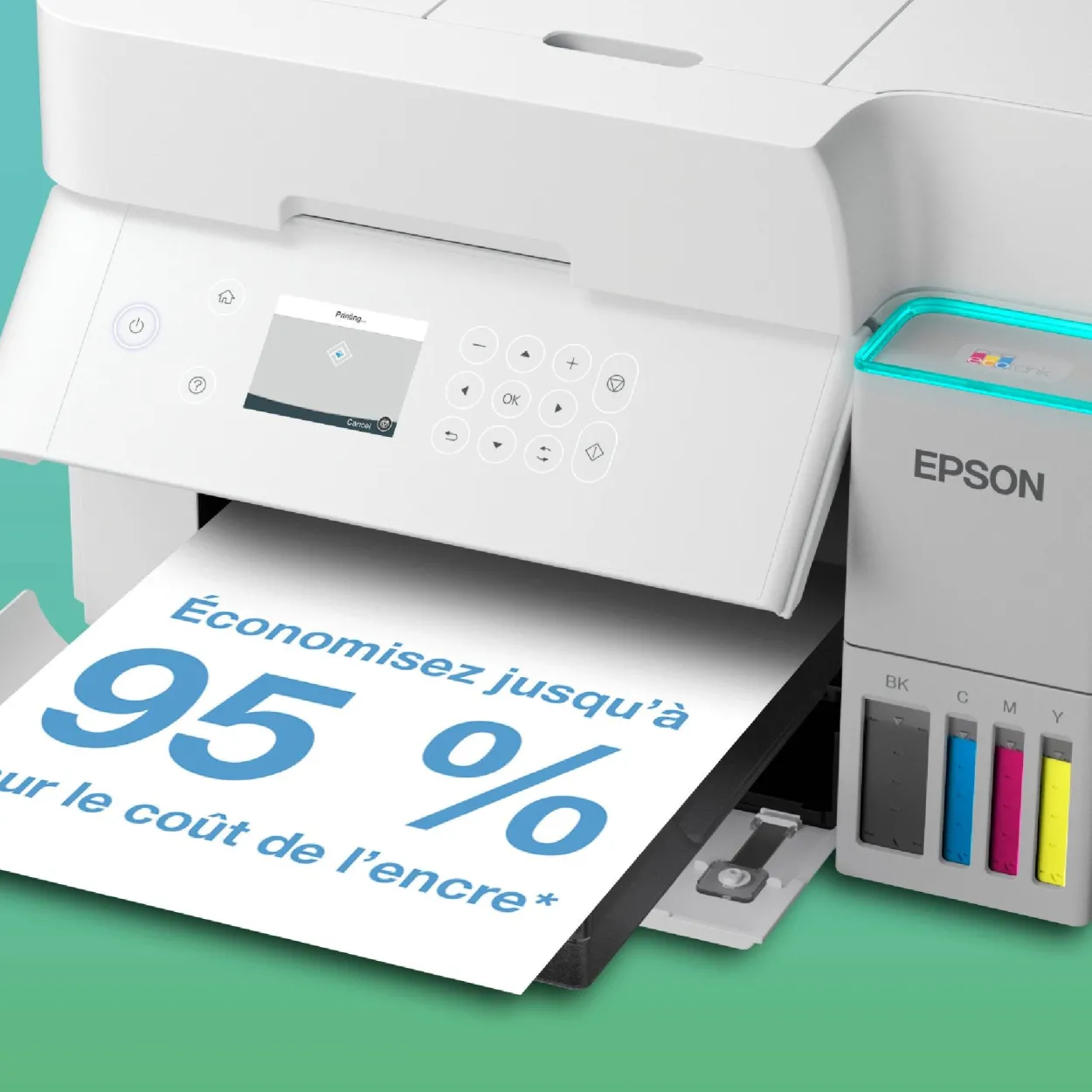 Solution d’impression A4 blanche EcoTank ET-3956 équipée d’une connexion Wi-Fi et de réservoirs d’encre, avec jusqu’à 3 ans d’encre inclus