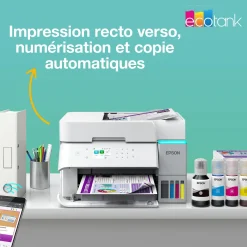 Solution d’impression A4 blanche EcoTank ET-3956 équipée d’une connexion Wi-Fi et de réservoirs d’encre, avec jusqu’à 3 ans d’encre inclus