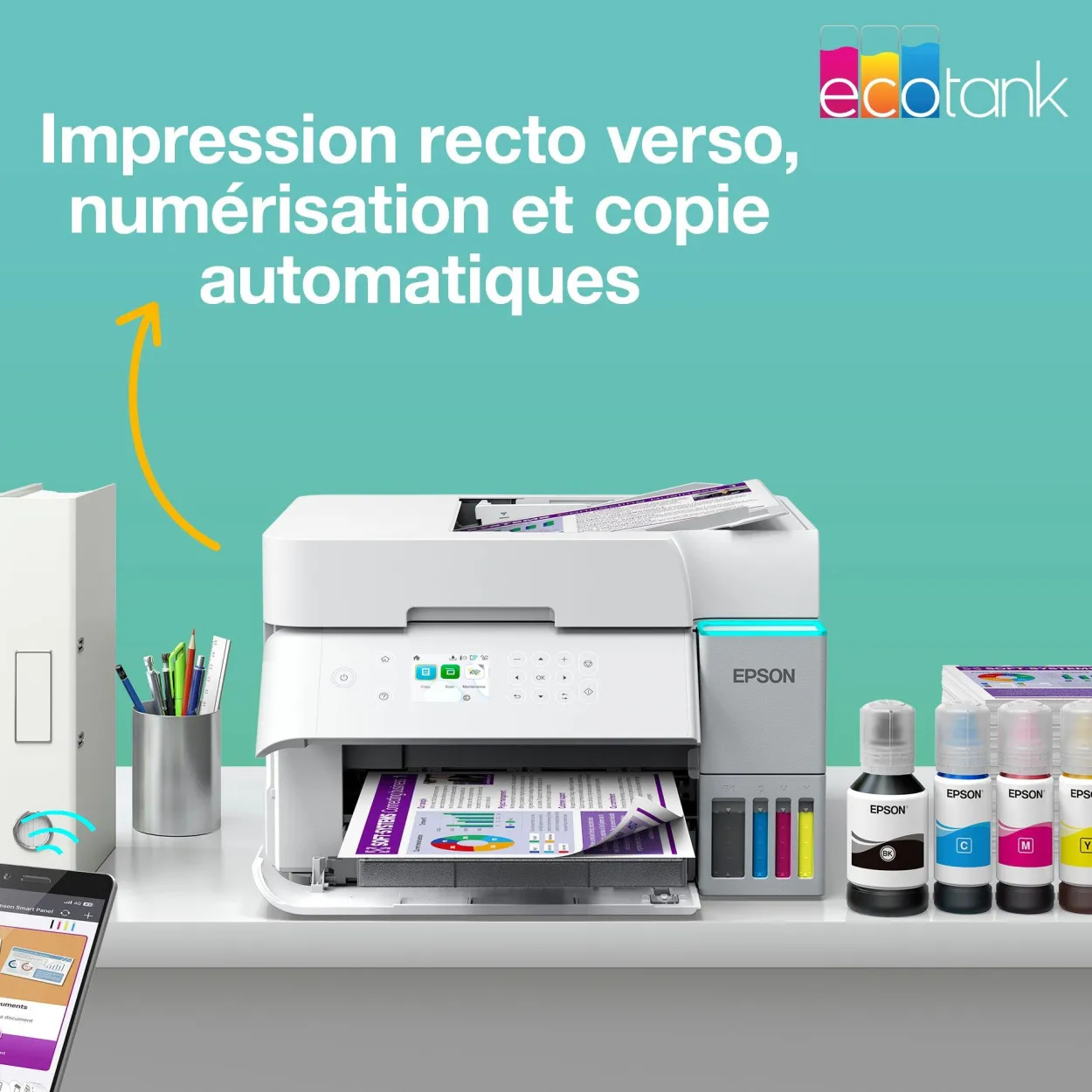 Solution d’impression A4 blanche EcoTank ET-3956 équipée d’une connexion Wi-Fi et de réservoirs d’encre, avec jusqu’à 3 ans d’encre inclus