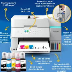 Solution d’impression A4 blanche EcoTank ET-3956 équipée d’une connexion Wi-Fi et de réservoirs d’encre, avec jusqu’à 3 ans d’encre inclus