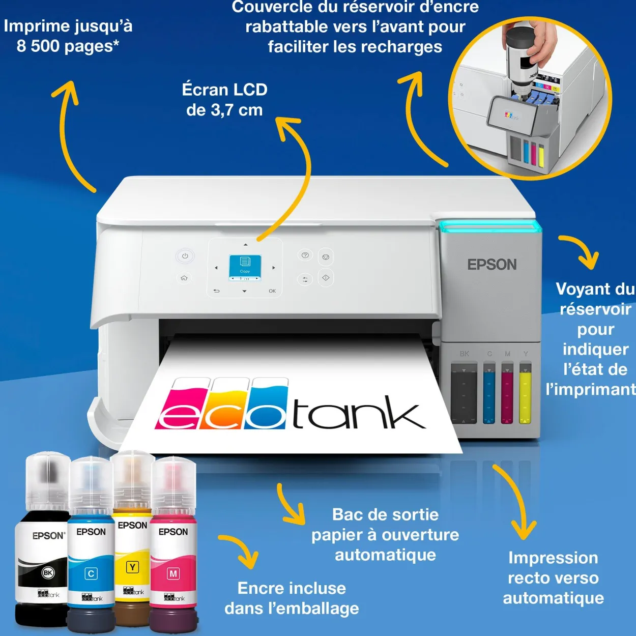 Solution d’impression A4 blanche EcoTank ET-2956 équipée d’une connexion Wi-Fi et de réservoirs d’encre, avec jusqu’à 3 ans d’encre inclus