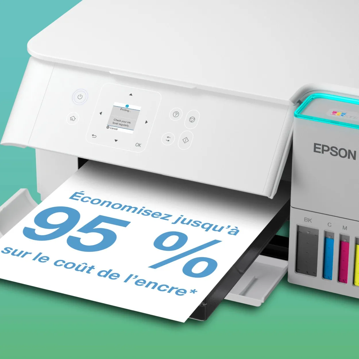Solution d’impression A4 blanche EcoTank ET-2956 équipée d’une connexion Wi-Fi et de réservoirs d’encre, avec jusqu’à 3 ans d’encre inclus