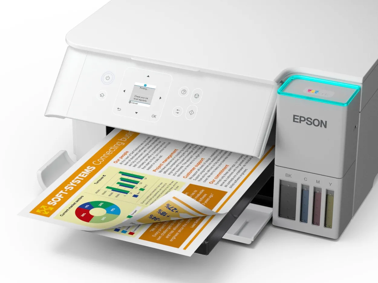 Solution d’impression A4 blanche EcoTank ET-2956 équipée d’une connexion Wi-Fi et de réservoirs d’encre, avec jusqu’à 3 ans d’encre inclus