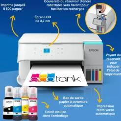 Solution d’impression A4 blanche EcoTank ET-2959 équipée d’une connexion Wi-Fi et de réservoirs d’encre, avec jusqu’à 3 ans d’encre inclus