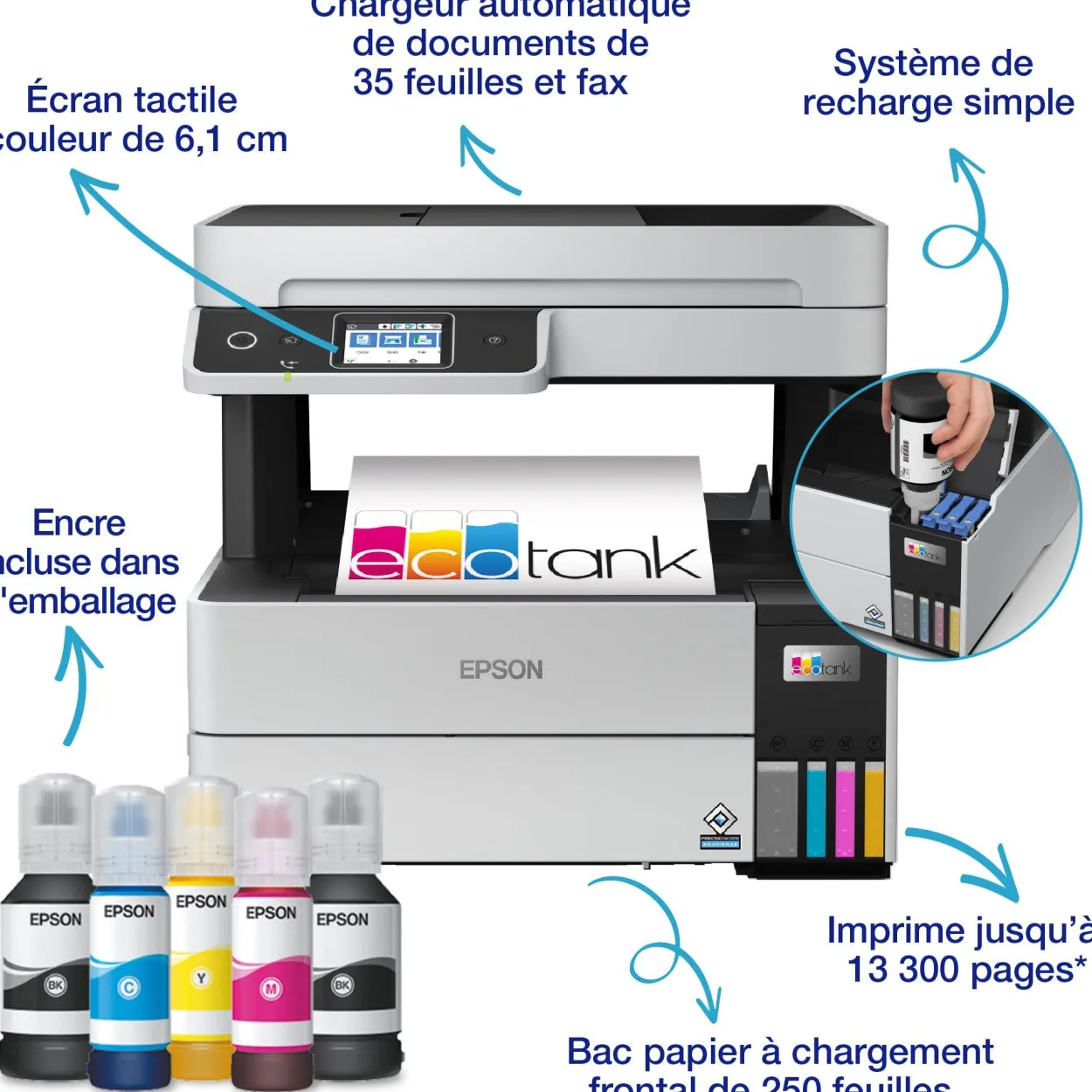 Solution d’impression A4 EcoTank Pro ET-5185 avec Wi-Fi, réservoirs d’encre et fax
