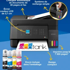 Solution d’impression multifonction A4 Wi-Fi et AirPrint EcoTank ET-4905 équipée de réservoirs d’encre, d’un écran LCD et d’un chargeur automatique de documents, avec jusqu’à 3 ans d’encre inclus